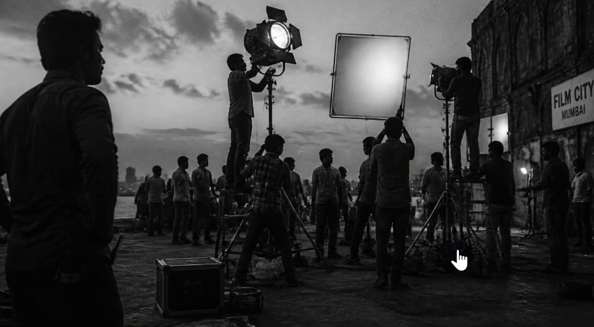 Film crew working with lights on set